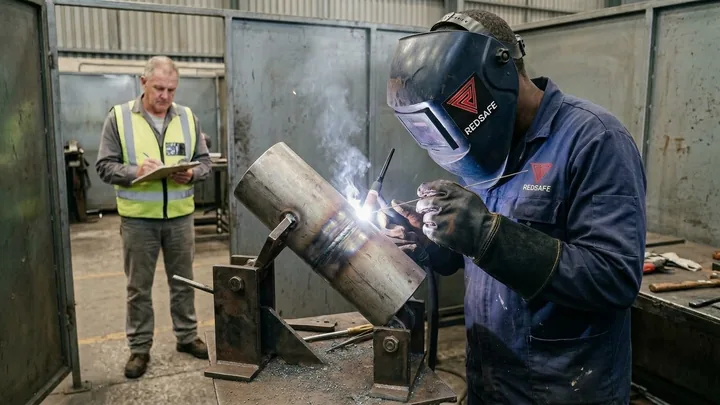Welder qualification test: a welder completing a 6G pipe test coupon on a fixed stand at 45°, inspector watching at a distance with a clipboard