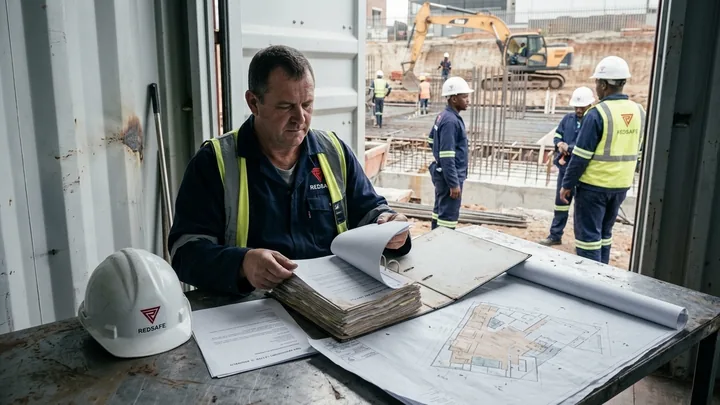 Safety officer at a site container desk paging through a thick lever-arch Health & Safety File, appointment letters and a site plan