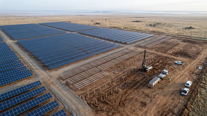 Aerial view of a utility-scale solar PV plant under construction