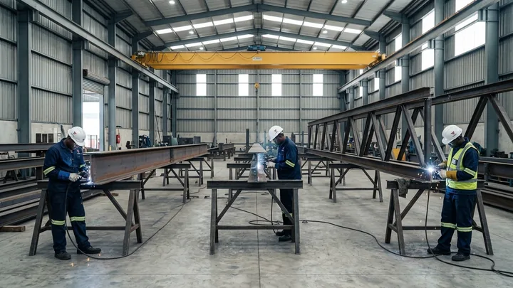 Wide shot of a large structural steel fabrication hall: heavy I-beam assemblies on trestles, three welders at stations with small arcs, yellow overhead gantry crane, polished concrete floor, daylight from high windows, organised and clean