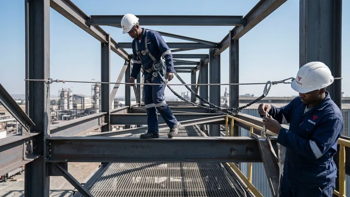 Worker in a full-body harness clipped with a double lanyard to a lifeline on a high steel beam, mesh walkway below, second worker checking the anchor point