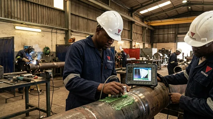 NDT technician performing phased-array ultrasonic testing on a pipe butt weld, probe on couplant, instrument screen showing a scan