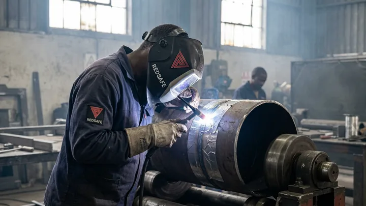 Workshop: a coded welder TIG-welding the root pass on a 12-inch carbon steel pipe butt joint turning on pipe rollers