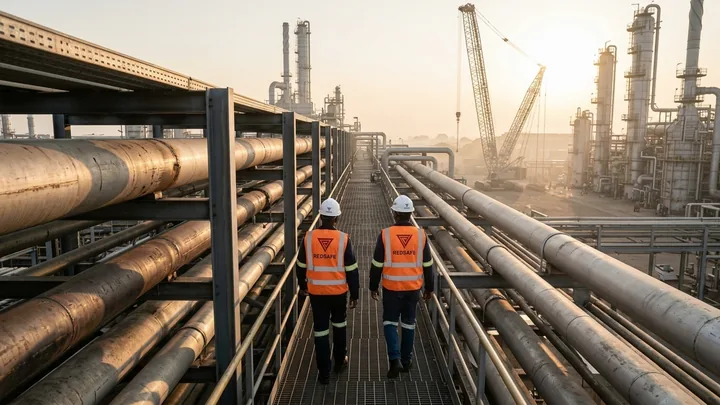 Golden-hour wide shot along an elevated steel walkway between large-bore pipe racks at a petrochemical plant