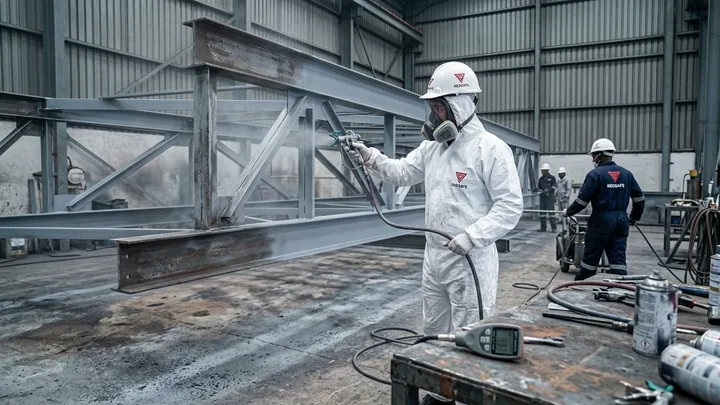 Painter in full respirator and coveralls airless-spraying grey epoxy primer onto structural steel in a paint bay
