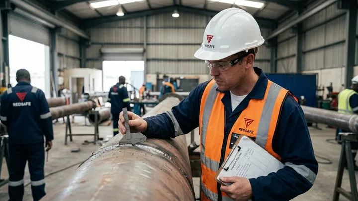 Quality inspector in white hard hat, safety glasses and orange hi-vis vest checking a circumferential butt weld on a pipe spool with a weld gauge, clipboard with an inspection test plan, workshop softly blurred
