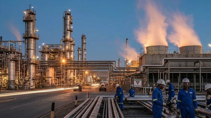 Petrochemical plant at blue hour: distillation columns and pipe racks lit by sodium lights, steam plumes, long exposure, deep blue sky