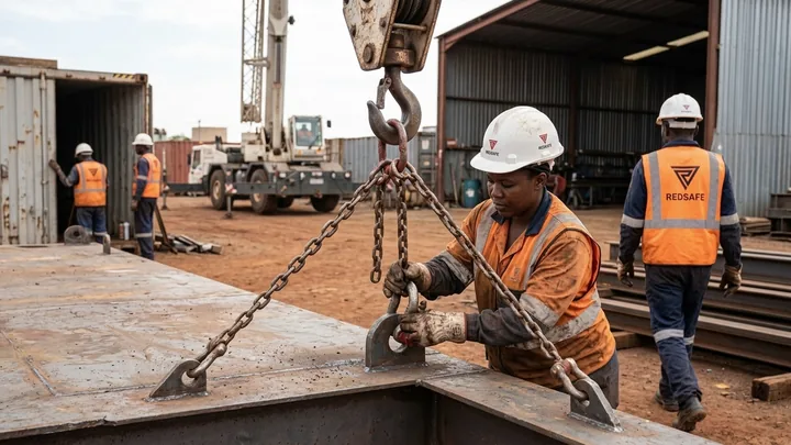 Rigger attaching a four-leg chain sling with shackles to the lifting lugs of a steel skid, sling angle clearly visible, crane hook above