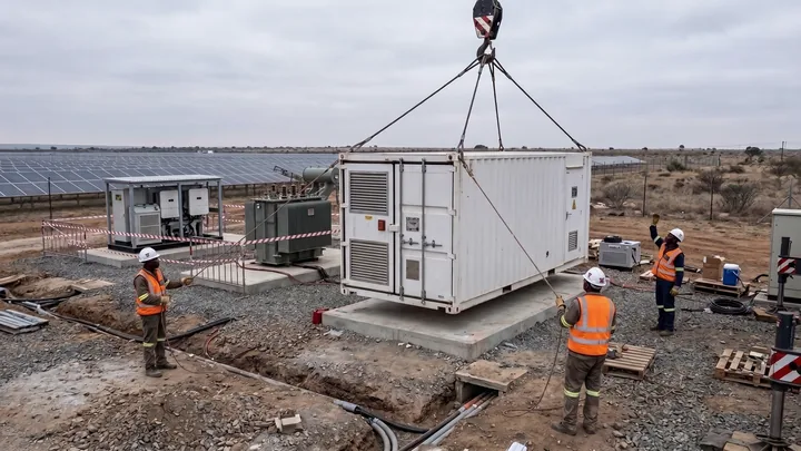Mobile crane setting a battery energy storage container onto concrete plinths