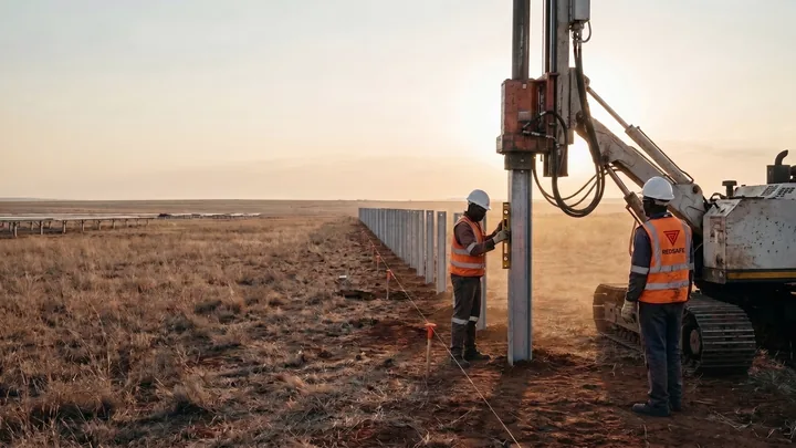 Pile driver installing steel piles in a surveyed line on a utility-scale solar construction site