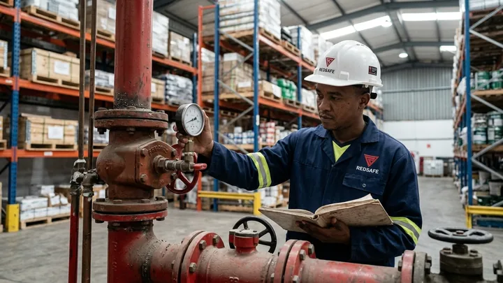 Fire technician testing a sprinkler alarm valve at the riser with a gauge and logbook