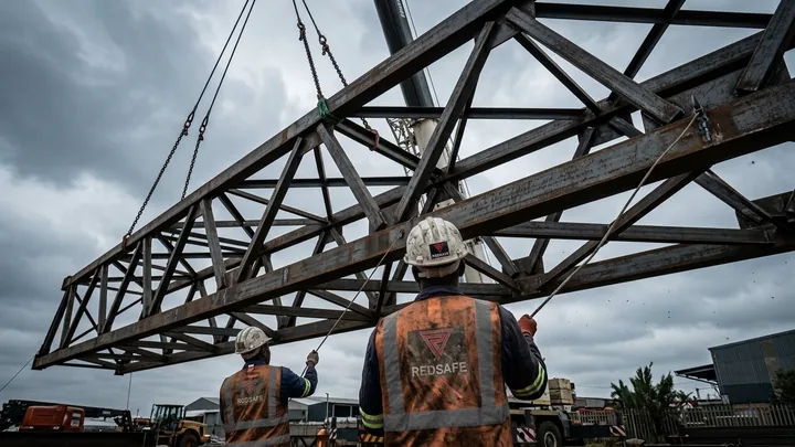 Looking up at a long steel lattice truss lifted by a crane with two-leg chain slings and tag lines