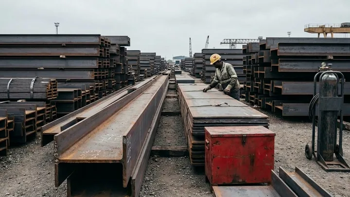 Neatly stacked heavy H-beams, channels and steel plate bundles in an outdoor steel yard, heat numbers marked in paint stick (illegible), overcast soft light, strong perspective
