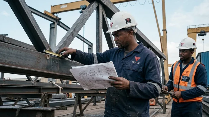 Structural steel trusses and columns being trial-assembled in a fabrication yard, fitter checking dimensions with a tape against a shop drawing